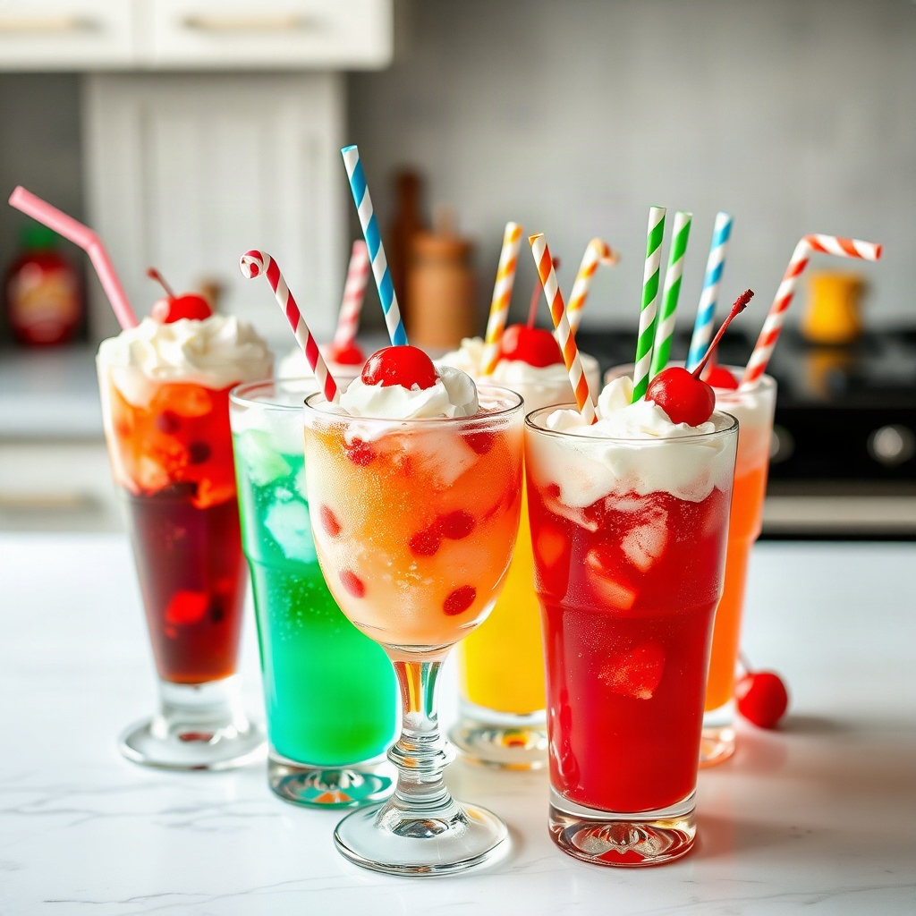 A variety of colorful drinks from a DIY dirty soda bar, garnished with fresh fruit and whipped cream.