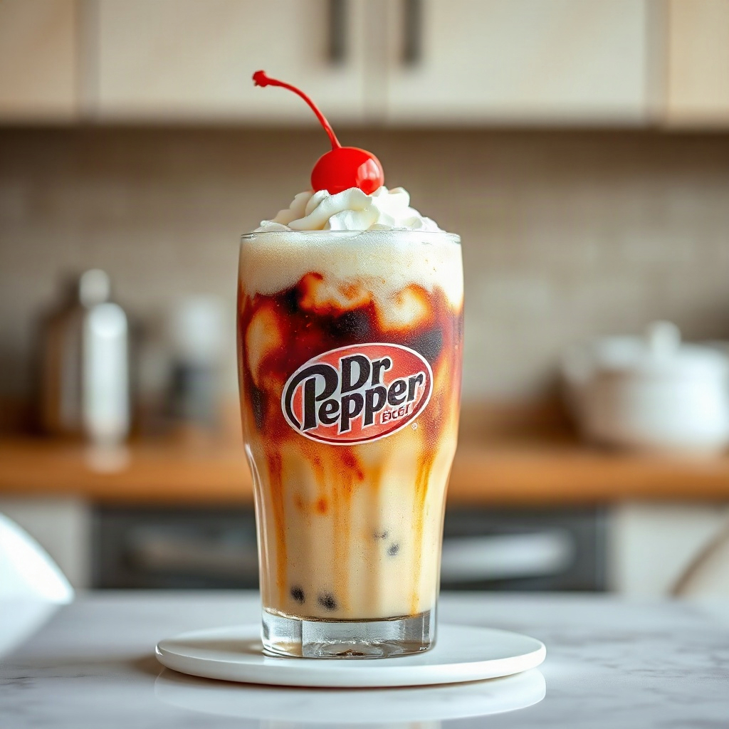 Dr Pepper and Cream Soda: The Perfect Sweet Combo Recipe 6 A glass of Dr Pepper and Cream Soda served with ice and garnished with a cherry and a slice of lemon.
