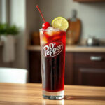 A finished Dr Pepper drink featured in Dr Pepper drink recipes, showcasing its rich, dark color and carbonation.