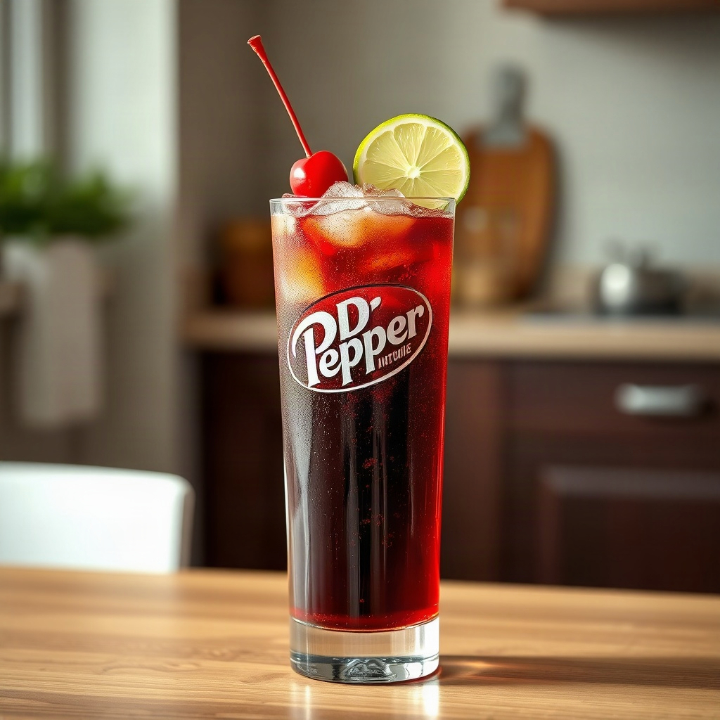 A finished Dr Pepper drink featured in Dr Pepper drink recipes, showcasing its rich, dark color and carbonation.