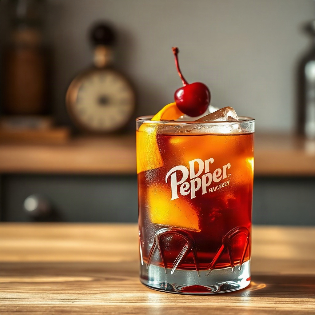 Dr Pepper Old Fashioned Recipe: A Unique Twist on a Classic Cocktail 6 A Dr Pepper Old Fashioned cocktail served with a twist, featuring a dark amber color and garnished with citrus peel.