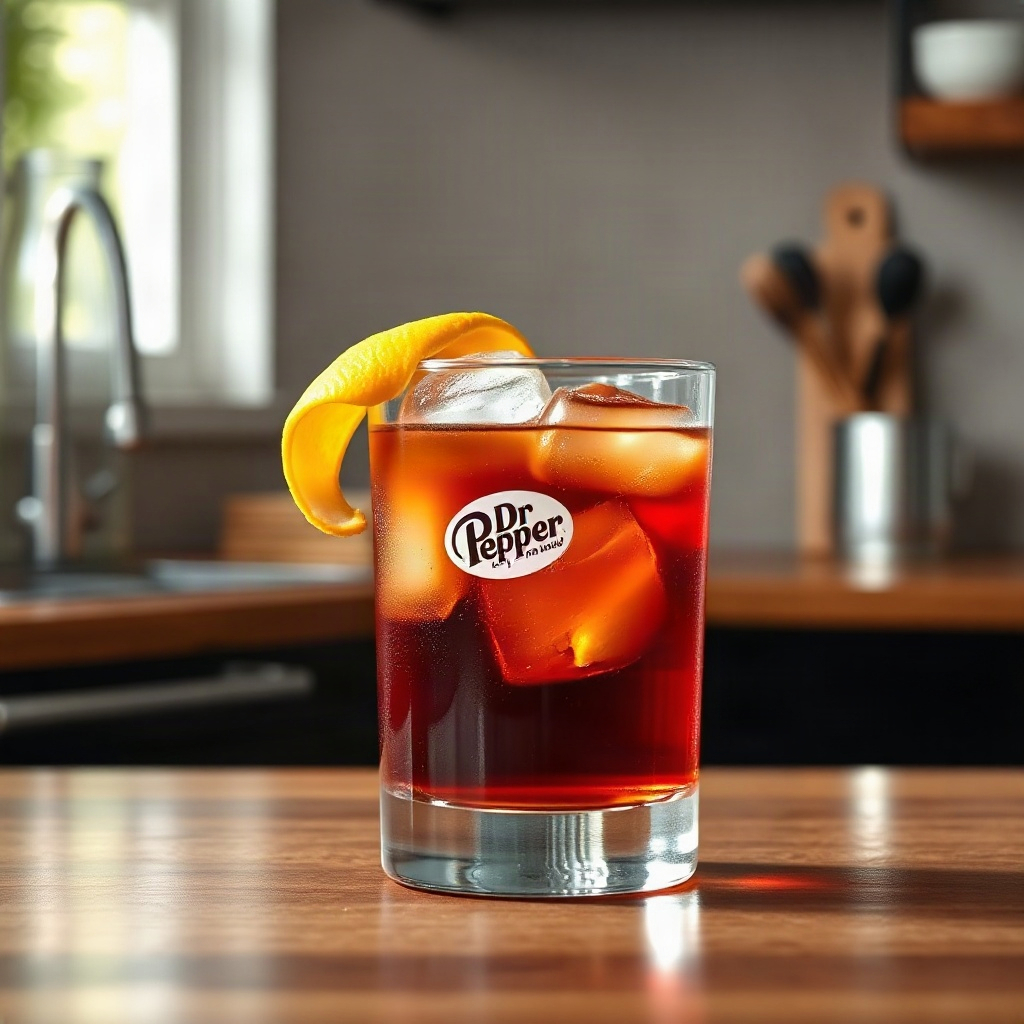 Finished Dr Pepper Old Fashioned cocktail served in a glass with ice and an orange twist.