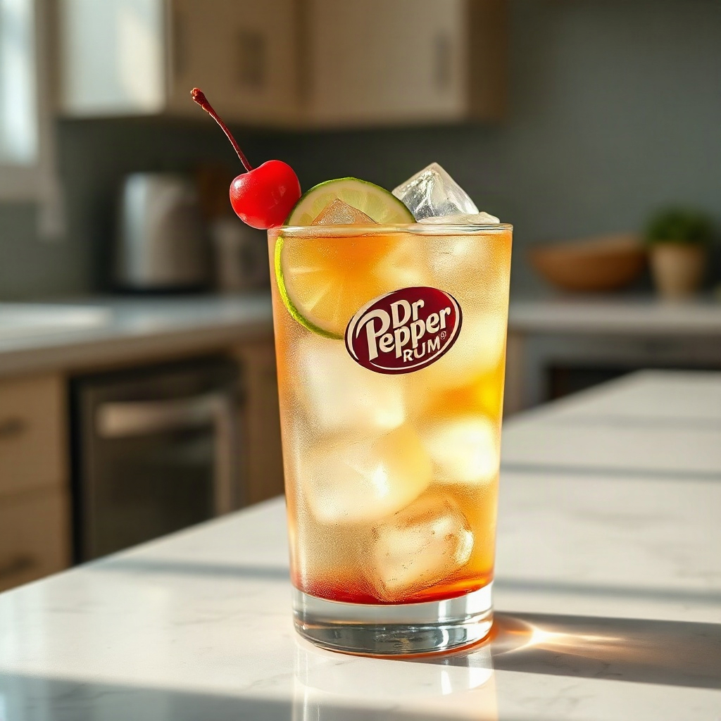 Dr Pepper and Rum: The Best Cocktail Recipes for a Spiked Dirty Soda 6 A spiked dirty soda cocktail made with Dr Pepper and rum, garnished with lime and cherries.