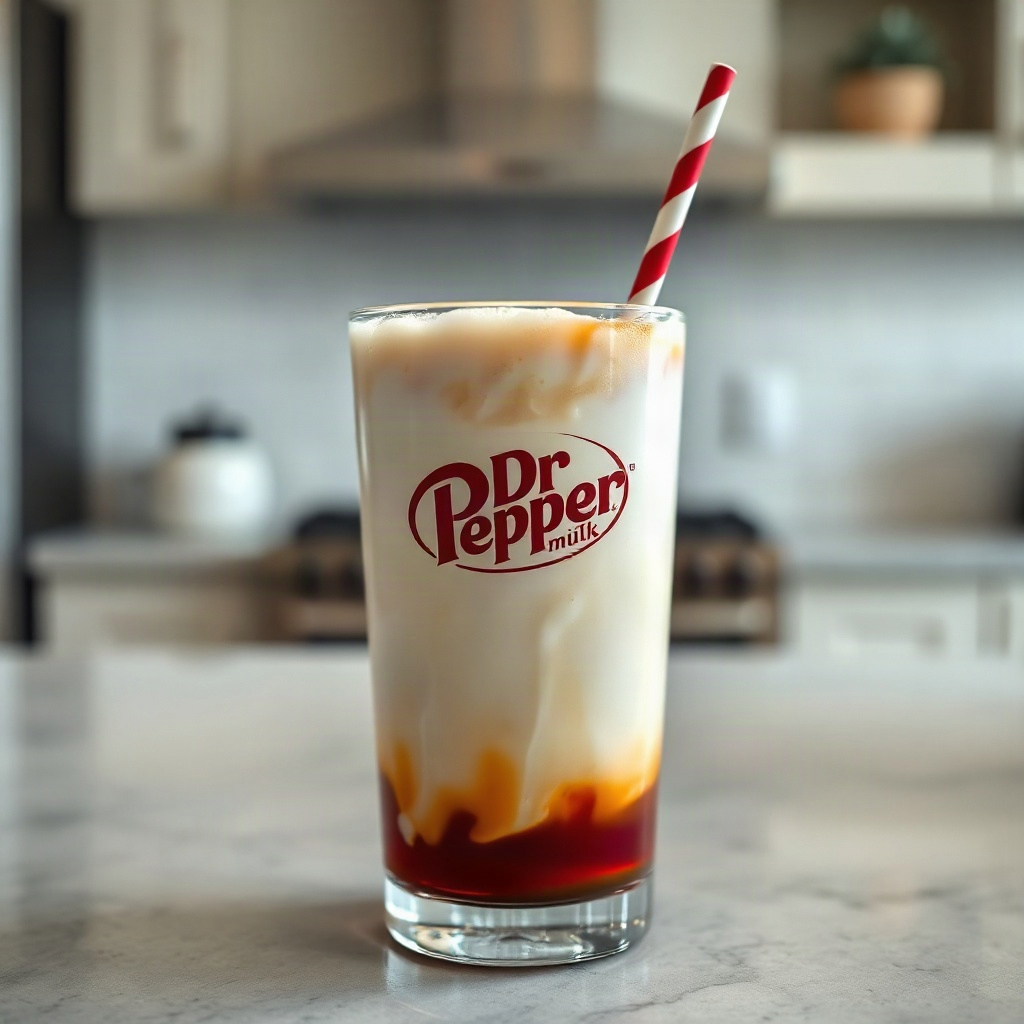 A glass of Dr Pepper mixed with milk, garnished with whipped cream and a cherry on top.
