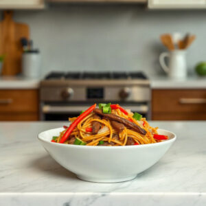 Finished plate of easy beef lo mein, featuring stir-fried noodles, beef, and vegetables.