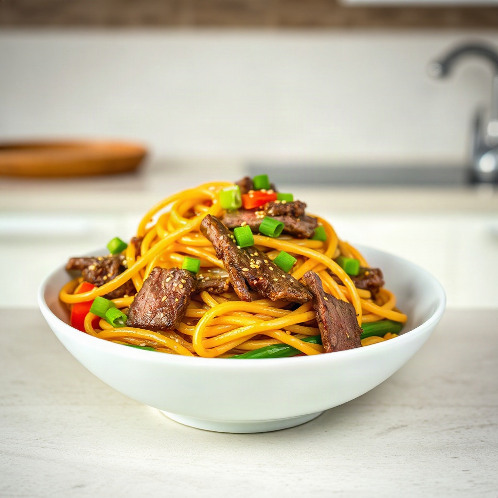 Easy 30-min. Beef Lo Mein 6 A bowl of Easy 30-min. Beef Lo Mein topped with green onions and sesame seeds, served in a rustic dish.
