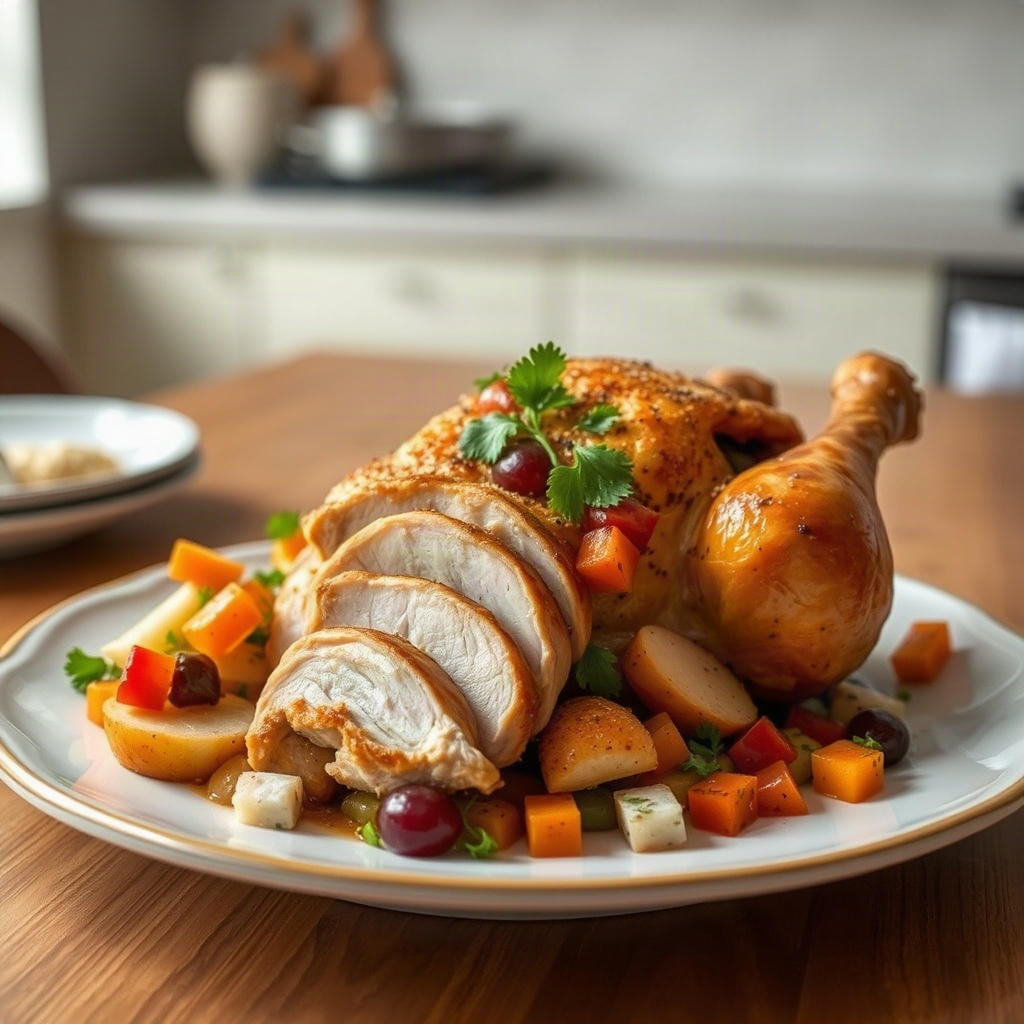 Easy Leftover Rotisserie Chicken Recipes for Busy Weeknights 6 A plate of easy leftover rotisserie chicken topped with fresh herbs and served with colorful sides.