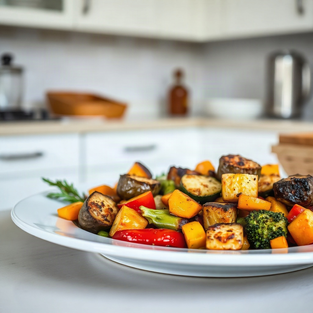 A plated serving of sheet pan dinner featuring a colorful mix of roasted vegetables and protein, the finished dish for a recipe. — sheet pan dinners, easy weekend meals