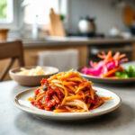 A plated serving of kimchi and sauerkraut as part of fermented cabbage recipes for gut health.