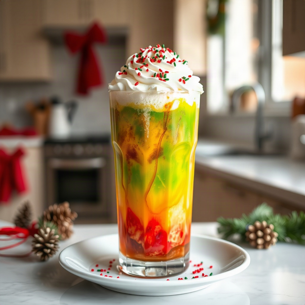 A festive Christmas Dirty Soda drink, featuring vibrant colors and garnished for the holidays, presented as a hero shot.