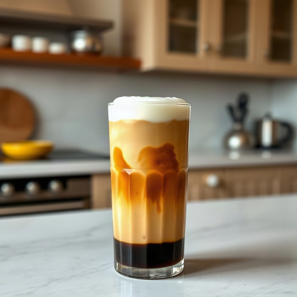 A finished cup of cold foam coffee, showcasing creamy cold foam atop a layer of coffee.