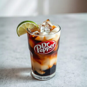 A glass of the finished Dirty Dr Pepper drink, showcasing its dark color and fizzy texture.