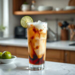 Finished dirty soda in a glass, showcasing the creamy beverage with bubbles and ice, representing how to make a dirty soda.