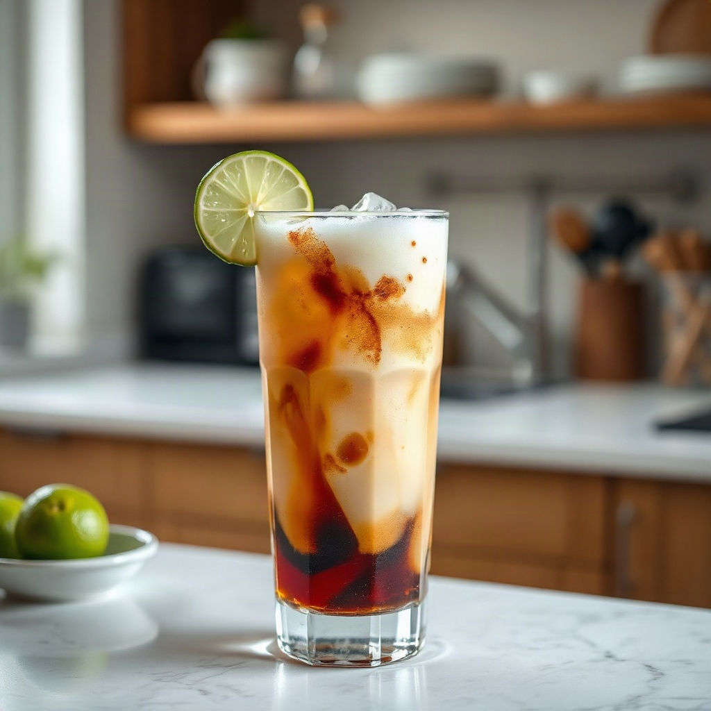 Finished dirty soda in a glass, showcasing the creamy beverage with bubbles and ice, representing how to make a dirty soda.