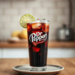 A glass filled with homemade Dr Pepper, showcasing its dark brown color, served with ice and a straw.