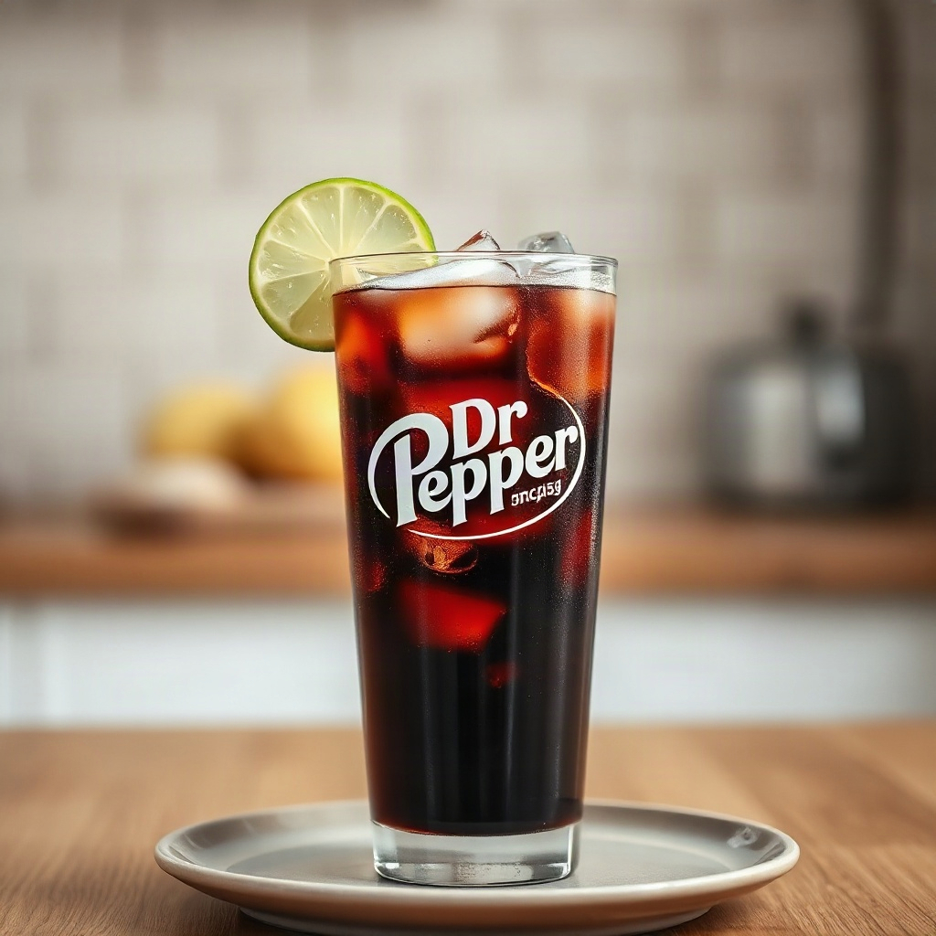A glass filled with homemade Dr Pepper, showcasing its dark brown color, served with ice and a straw.