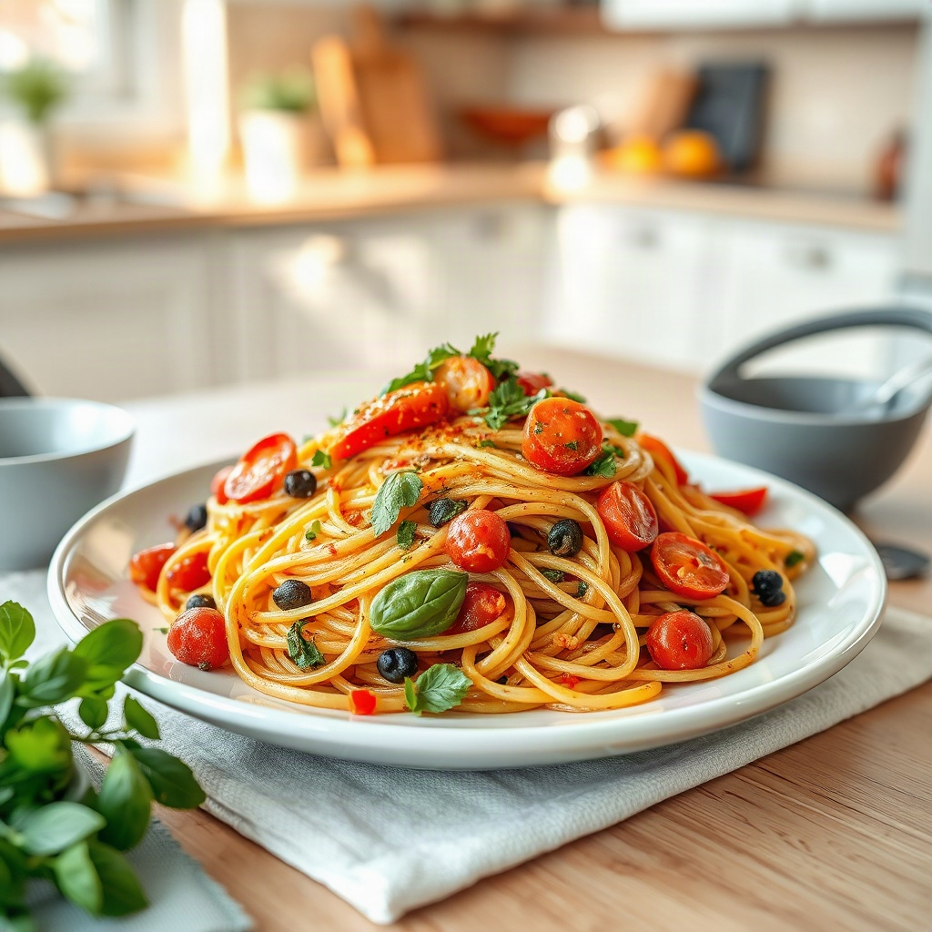 Plated serving of leftover spaghetti with a vibrant sauce, showcasing the finished dish for the recipe.