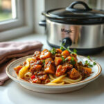A completed dish from the Magic Mill Crockpot, showcasing the plated meal as the main focus.