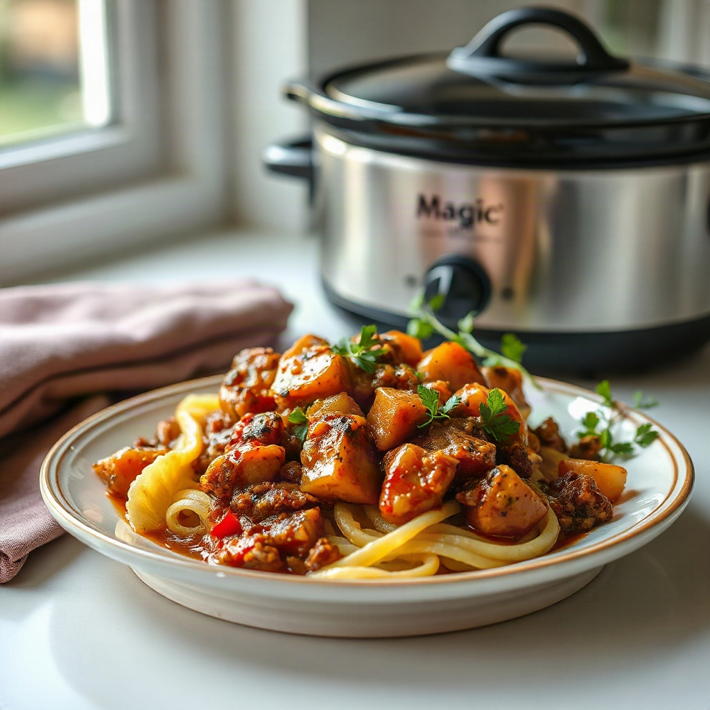 A completed dish from the Magic Mill Crockpot, showcasing the plated meal as the main focus.