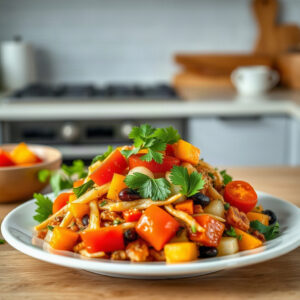 A plated finished dish from pantry staples recipes featuring various cooked vegetables and grains.