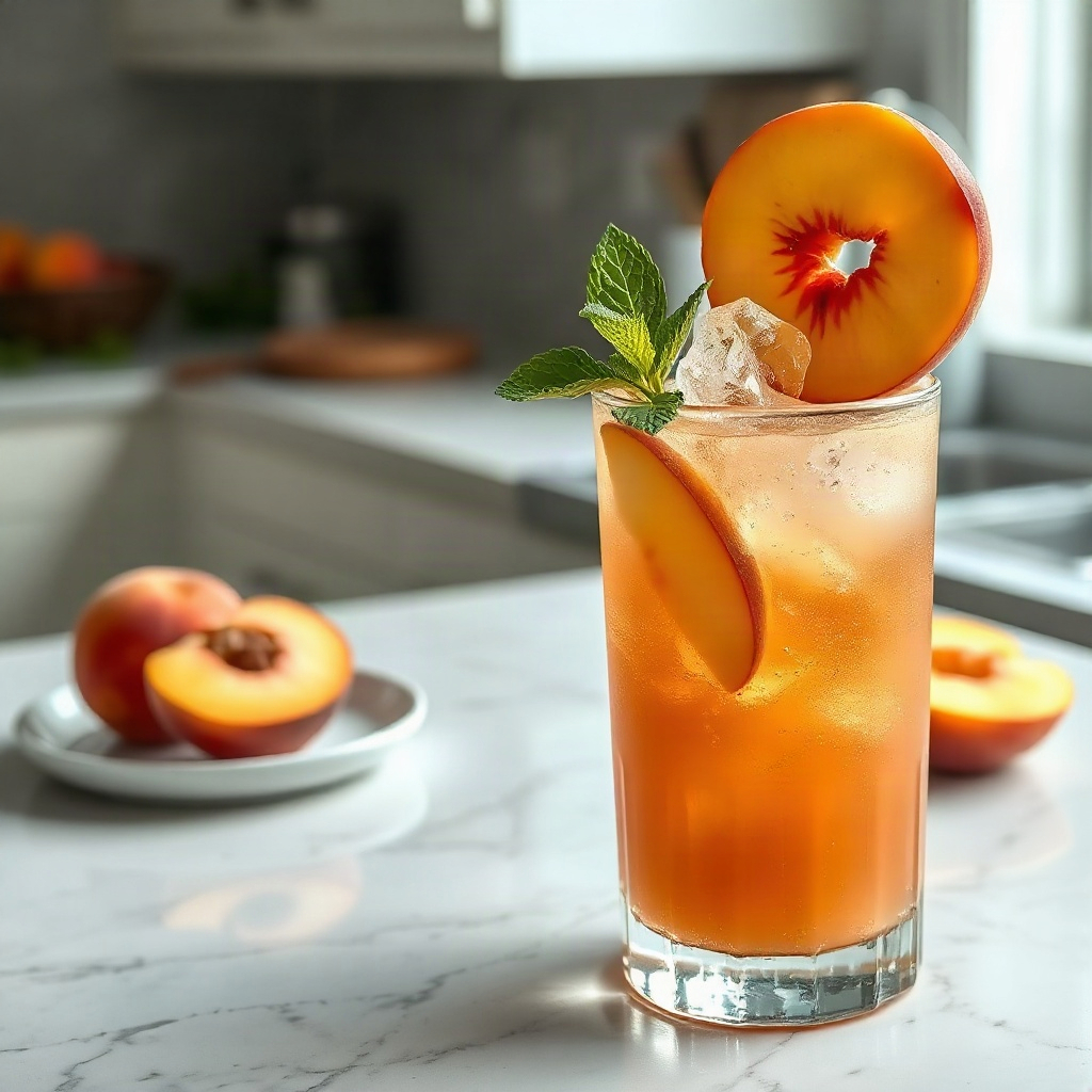 A plated peach dirty soda, featuring a vibrant peach color with bubbles, served in a clear glass.