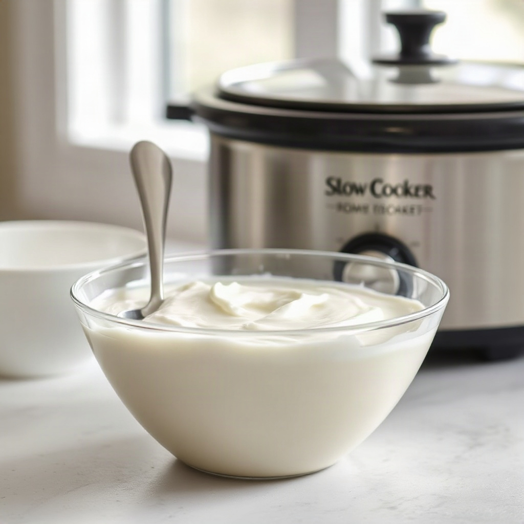 A bowl of homemade yogurt made in a slow cooker, creamy and smooth. — how to make yogurt with slow cooker