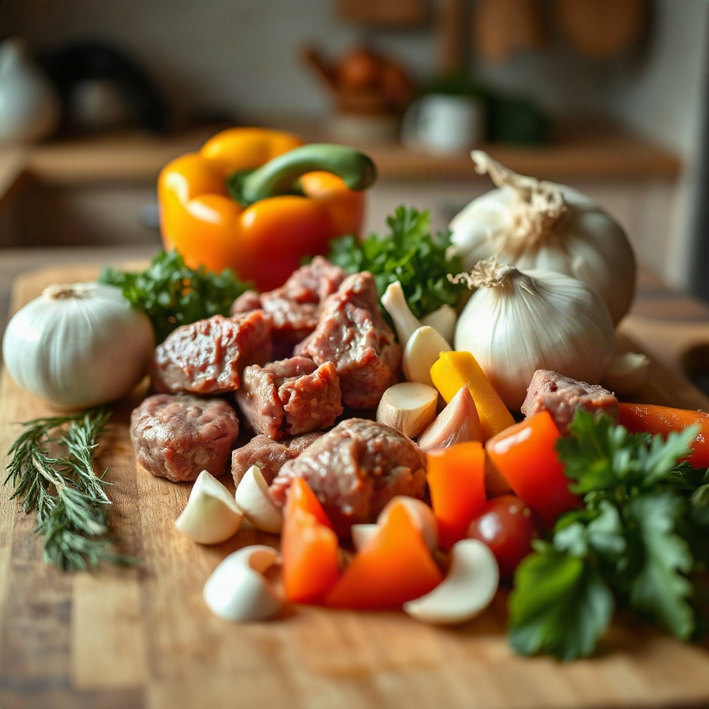 Authentic German Goulash (Rindergulasch) 4 Raw ingredients for authentic German goulash including meat, onions, and spices arranged in small bowls.
