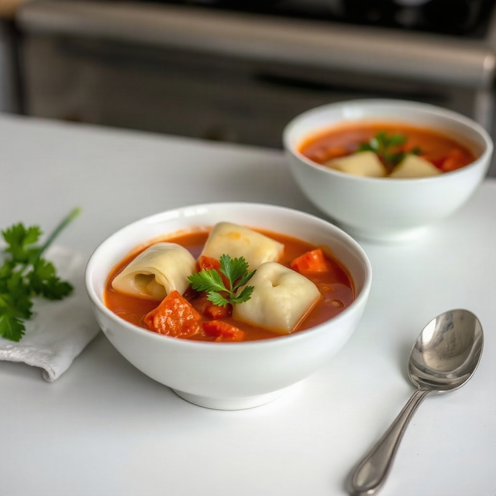 A bowl of Golumpki Soup, showcasing the finished dish with cabbage rolls and broth. — golumpki soup recipe