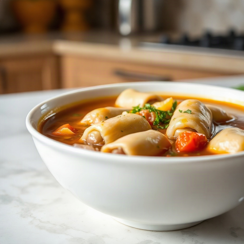 Golumpki Soup: The Cozy Polish Cabbage Roll Soup Trending on Pinterest 6 A bowl of Golumpki Soup topped with fresh herbs, served in a rustic setting, showcasing its hearty texture.