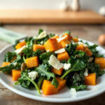 Plated harvest Caesar salad featuring butternut squash, crispy parmesan, and kale.