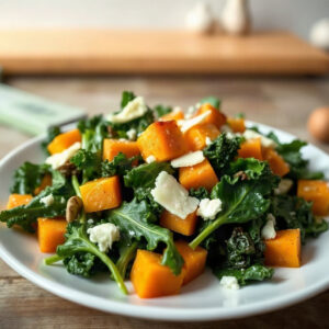 Plated harvest Caesar salad featuring butternut squash, crispy parmesan, and kale.