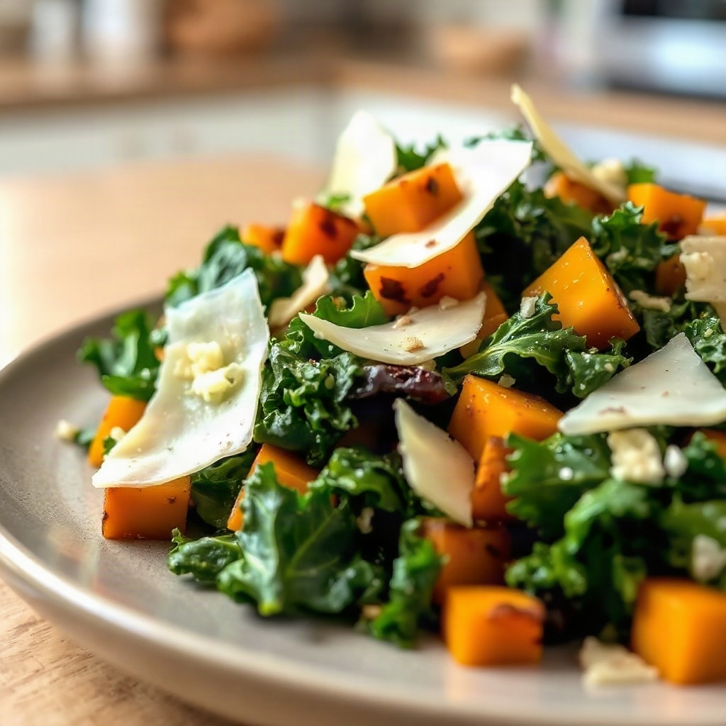 Harvest Caesar Salad: Butternut Squash, Crispy Parmesan & Kale 6 A plated Harvest Caesar Salad featuring butternut squash, crispy parmesan, and kale, beautifully arranged for serving.