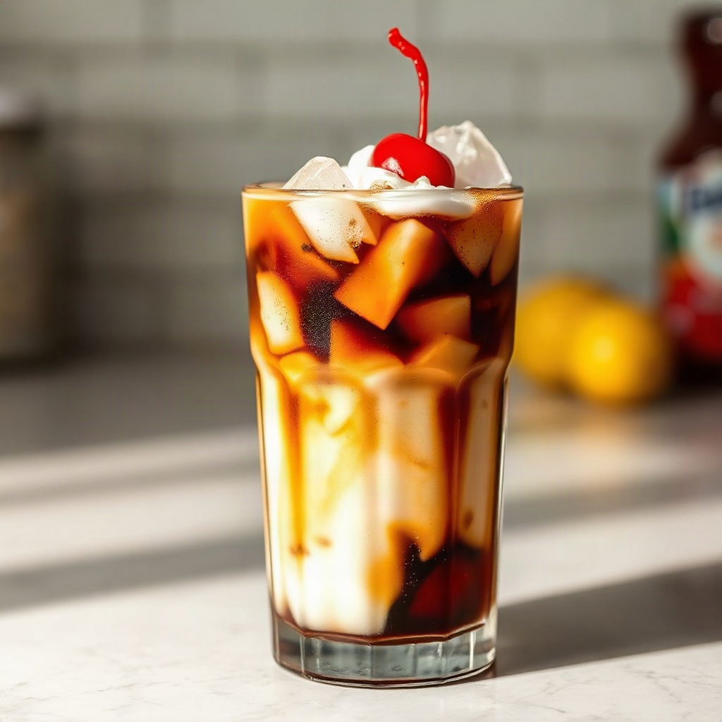 A finished plated homemade dirty soda in a glass with ice, showcasing its vibrant colors and layers.