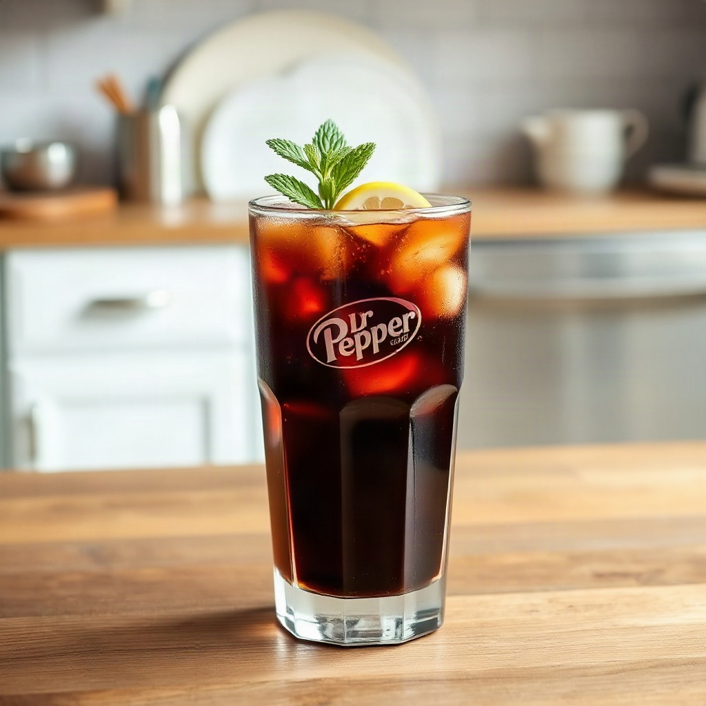A glass of homemade Dr Pepper with ice, garnished with a slice of lime and a maraschino cherry.