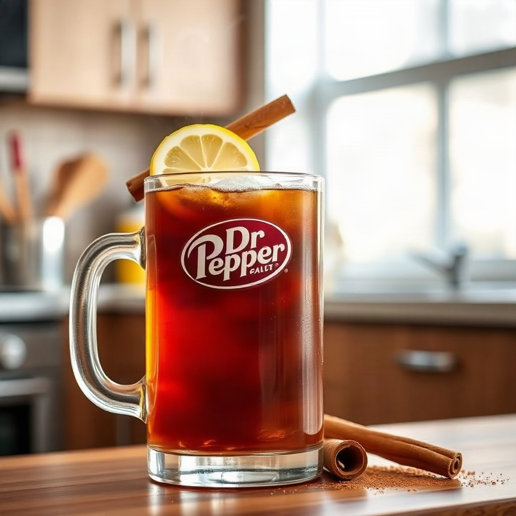A serving of Hot Dr Pepper, garnished with lemon slices and a cinnamon stick, presented in a cozy setting.