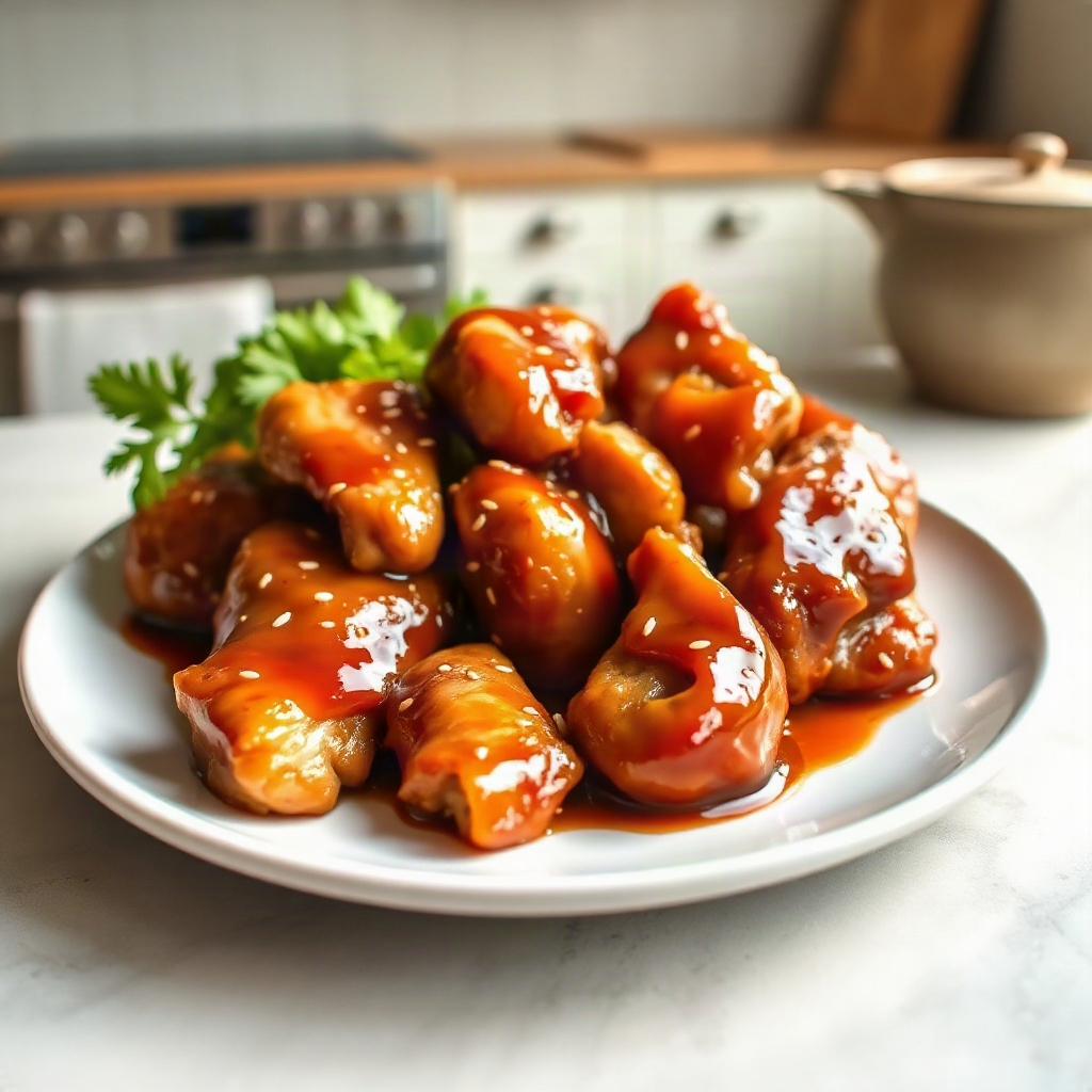 Plated hot honey garlic chicken served with a glossy sauce, showcasing the finished dish without distractions.