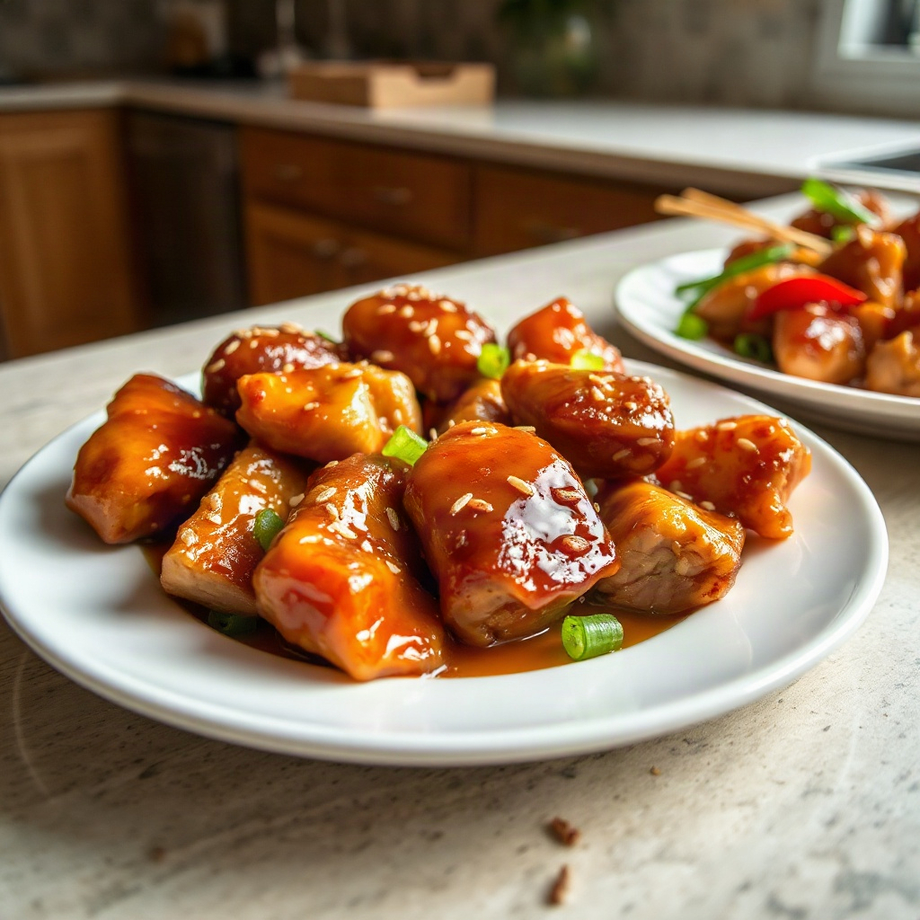 Hot Honey Garlic Chicken: The Defining Flavor of 2026 6 A serving of hot honey garlic chicken garnished with green onions and sesame seeds, presented on a plate.
