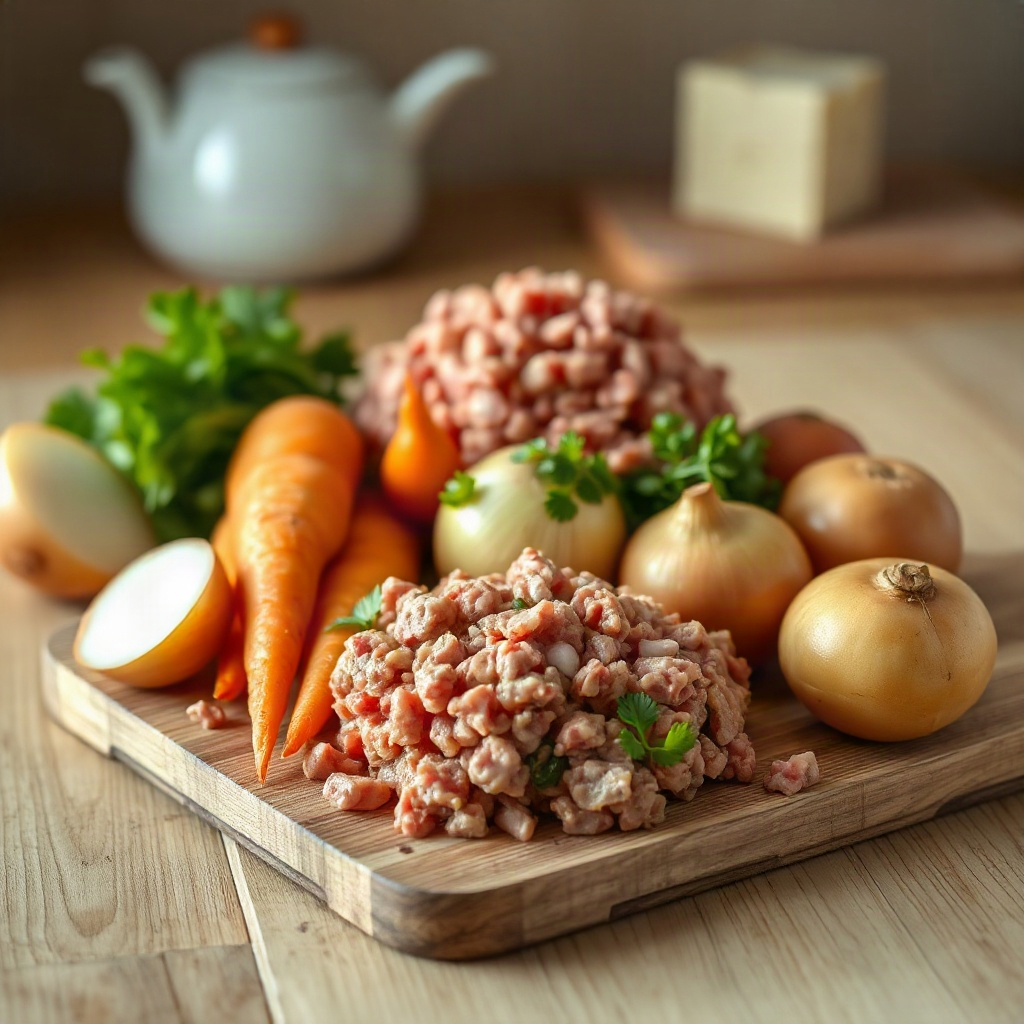 Japanese Ground Beef Curry: Mild, Family-Friendly Weeknight Dinner 4 Raw ingredients for Japanese ground beef curry, including small bowls of spices and vegetables on a cutting board.