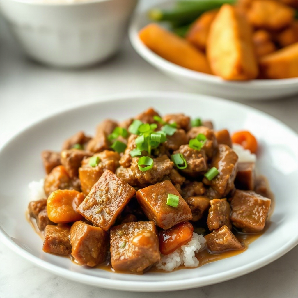 A plated serving of Japanese ground beef curry, showcasing a rich sauce over rice with peas, ready for dinner.