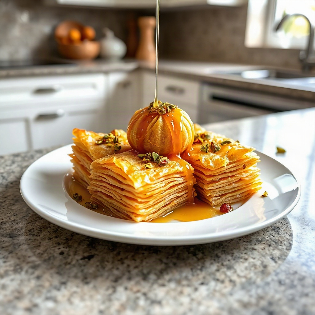 Plated kataifi dessert showcasing shredded filo pastry, golden and crisp, as the main focus.