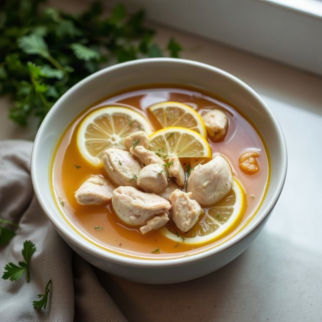 Mediterranean Lemon Chicken Soup: Bright & Healthy Comfort Food 4 Raw ingredients for Mediterranean lemon chicken soup, including chicken, vegetables, and herbs in small bowls on a counter.