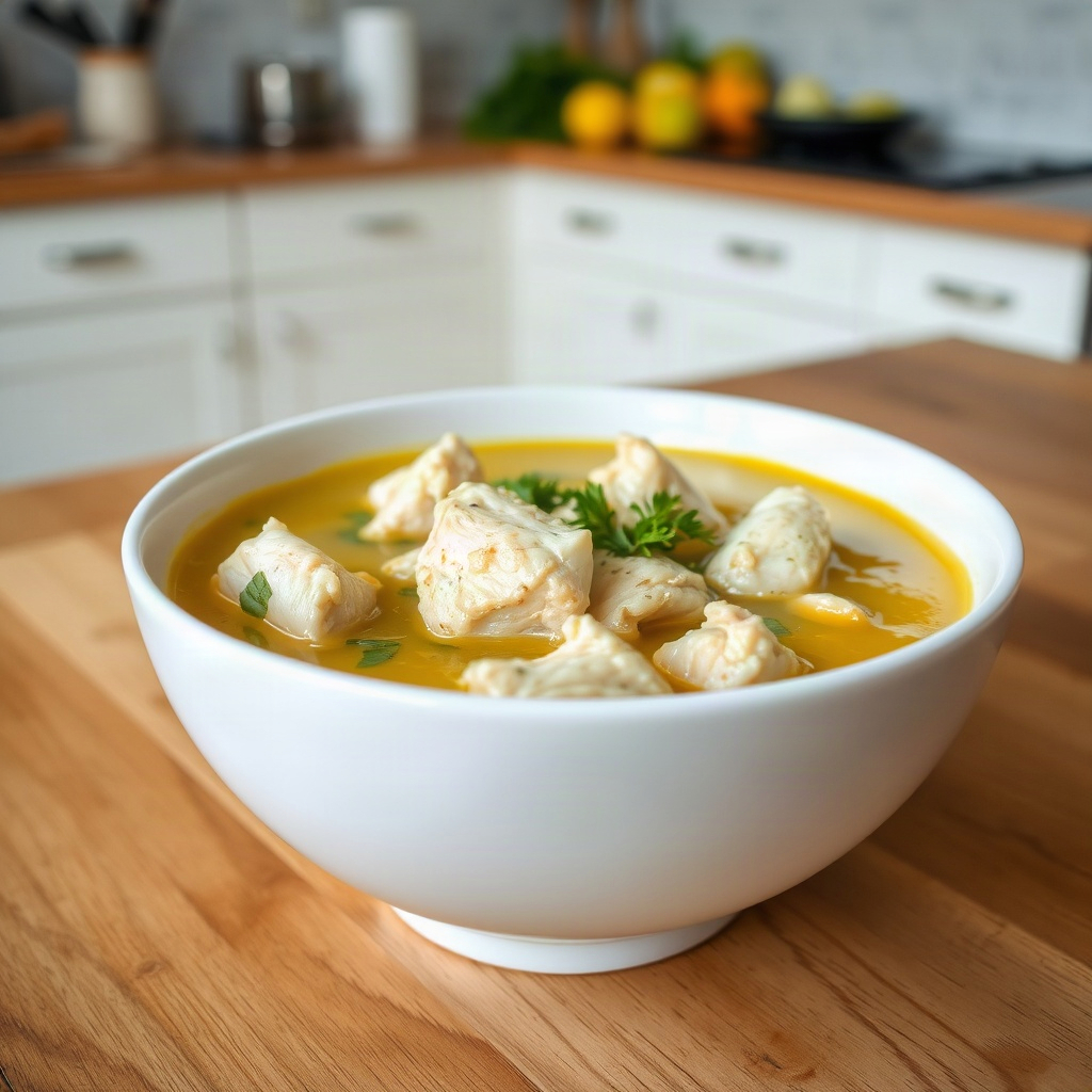 Mediterranean Lemon Chicken Soup: Bright & Healthy Comfort Food 6 A bowl of Mediterranean lemon chicken soup garnished with herbs and lemon slices, served hot.
