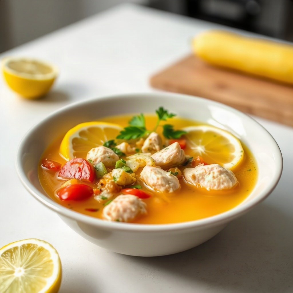 Finished Mediterranean lemon chicken soup served in a bowl, showcasing bright colors and a hearty texture.