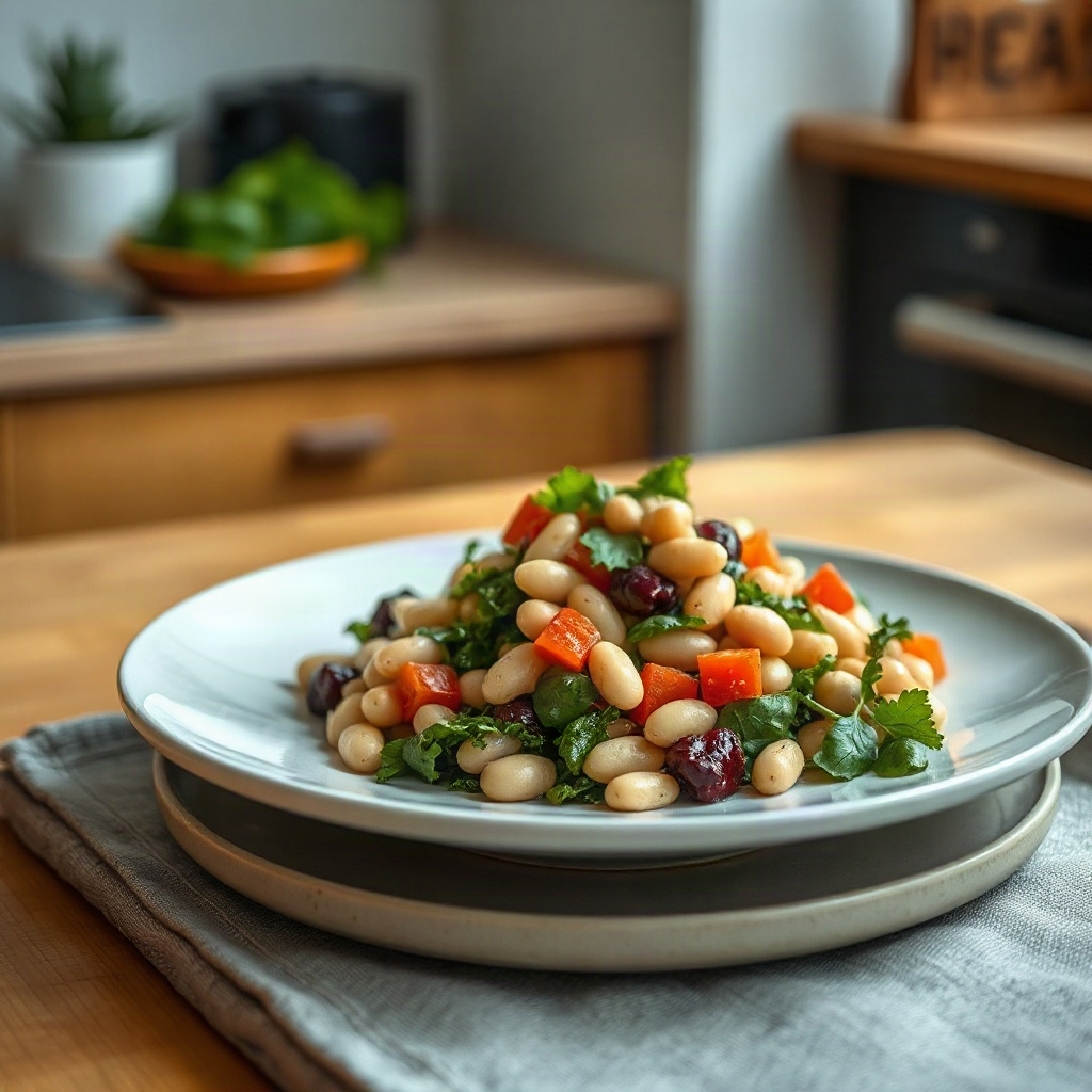 A plated serving of Mediterranean white beans and greens, showcasing a vibrant and rustic dish.