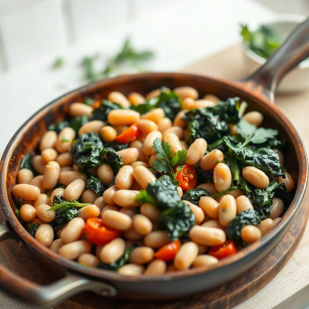 Mediterranean White Beans and Greens: One-Skillet Rustic Dinner 6 A rustic one-skillet dinner of Mediterranean white beans and greens served in a skillet, garnished with fresh greens.