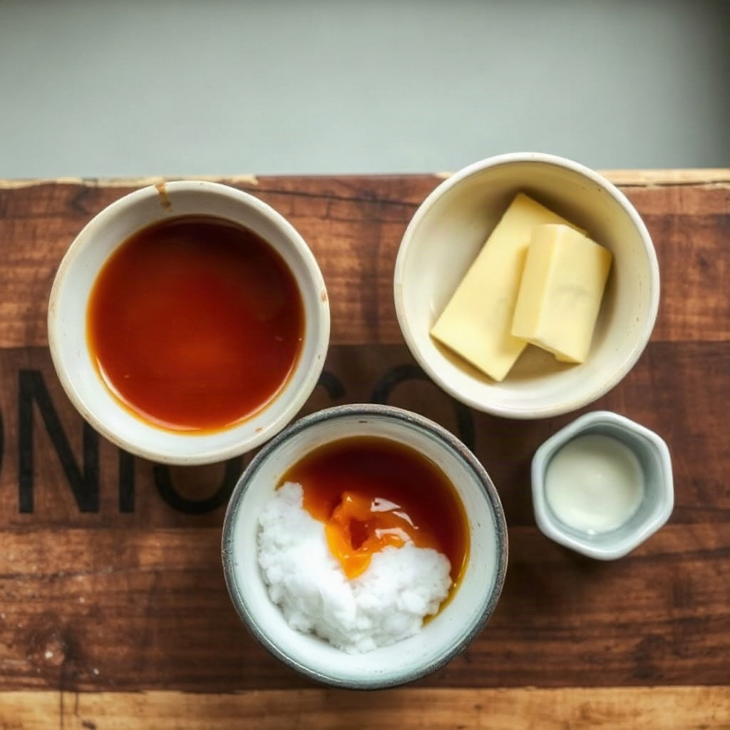 Miso Caramel Recipe: The Swalty Sweet-and-Salty Baking Trend 4 Raw ingredients for miso caramel recipe, including bowls of miso, sugar, and salt on a wooden cutting board.