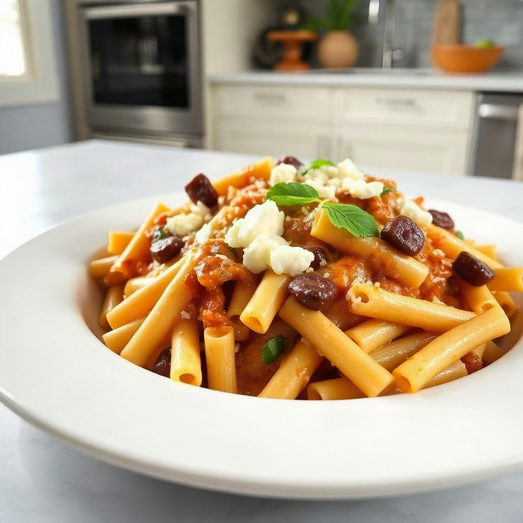 Plated one-pot French onion rigatoni featuring pasta, caramelized onions, and melted cheese.