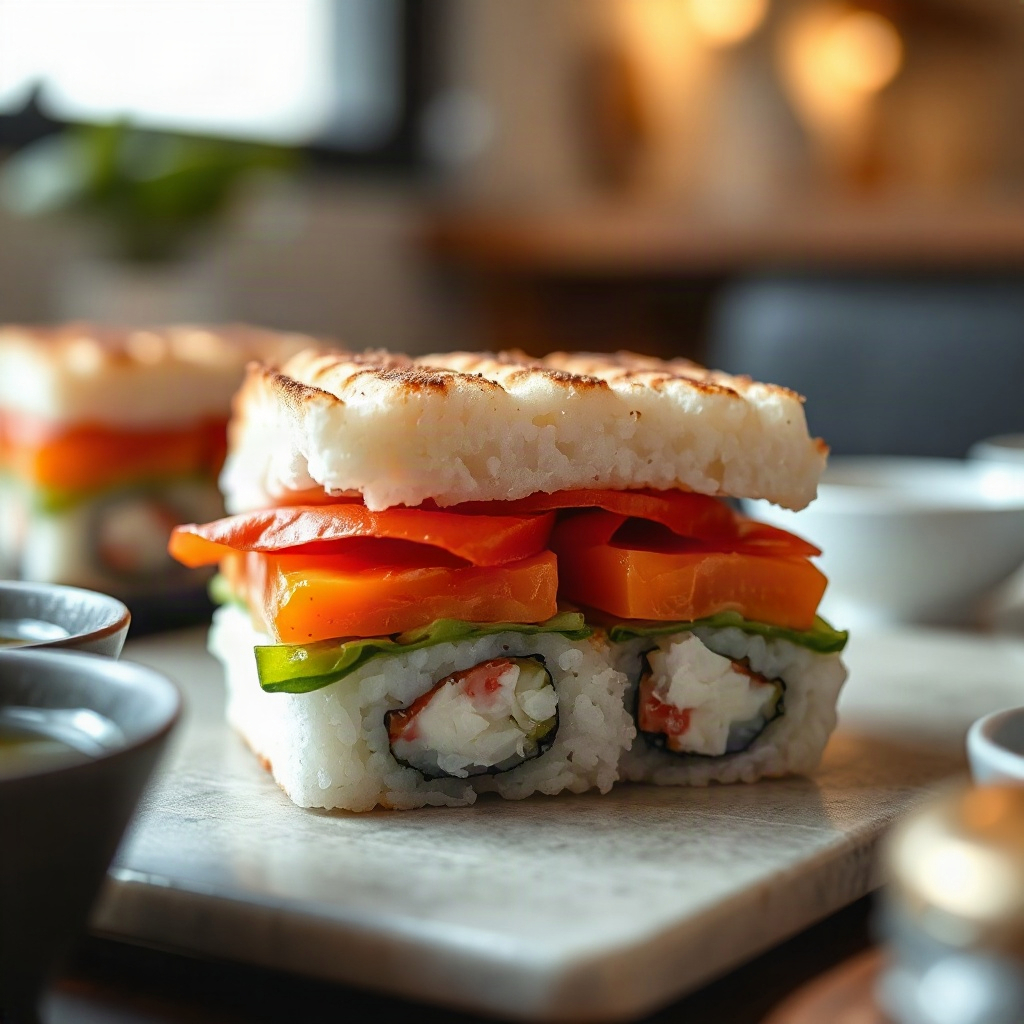 Onigirazu Sushi Sandwich: The Portable Japanese Lunch Trend 4 Raw ingredients for sushi sandwich onigirazu arranged in small bowls on a cutting board.