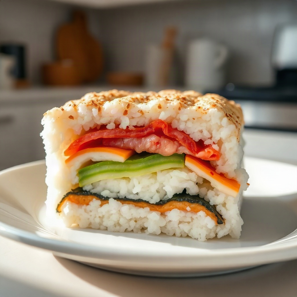 Onigirazu Sushi Sandwich: The Portable Japanese Lunch Trend 6 An Onigirazu sushi sandwich served with visible toppings and garnishes, distinct from the hero shot.