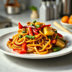 Plated Panda Express chow mein featuring stir-fried noodles, vegetables, and a glossy sauce.